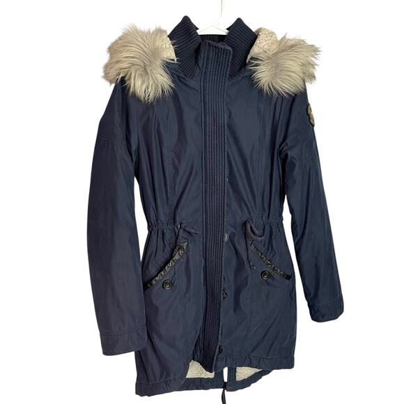 Abercrombie & Fitch Parka Jacket Womens M Navy Sherpa Lined Faux Fur Hood - Picture 1 of 16